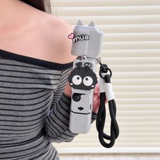 灰色煤球 DJI Pocket 3 保護殼，可愛矽膠鏡頭與機身防護套，防刮防摔相機配件, 1個, pocket3標準版灰色耳朵黑煤球+手繩