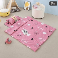 〔夢境〕兒童睡墊三件組 睡墊 舒柔抗皺 涼被 童枕 幼兒園必備 睡袋 鋪棉睡墊 幼稚園午睡 多款任選, 貓咪粉