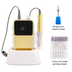 코어리스 모터 65w 핸들 35000RPM 휴대용 프로 네일 드릴 (데스크탑 베이스 포함) 무선 배터리 35K 강력 직, 02 EU, 06 Metallic gold