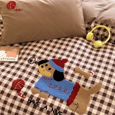 A類全棉磨毛四件套親膚加厚純棉被套兒童三件套卡通可愛立體毛巾, 1個, 【全棉磨毛100%】毛線小狗:1.2m牀單款三件套—適合150*200被芯