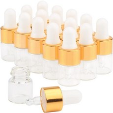 Glassstore 15Pcs 유리 에센셜 오일 드롭퍼 병 클리어 미니 1ml2ml3ml 향수 드롭 화장품 바이알골드 캡 및 화이트 라텍스 포함, 1ml, 1ml