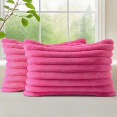 DecorUhome Summer Cozy 인조 모피 장식용 베개 커버 61x61cm(24x24인치) 2개 세트 장식적이고 부드러운 플러시 스트라이프 모던 팜하우스 보헤미안 소, 핫 핑크