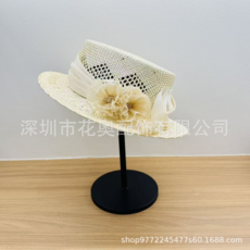 夏季新款遮陽防曬平頂帽 優雅花朵裝飾, 米色