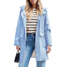 SaphiRose 여성용 방수 레인 재킷 롱 레인코트 후드 윈드브레이커 트렌치 코트 라이트 블루/플레이드 XL102866