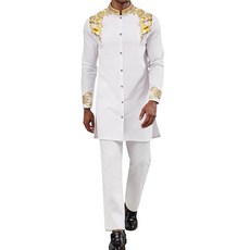 ZSJR 남성용 롱 아프리칸 투피스 세트 나이지리아 다시키 메탈릭 전통 수트 골드 스탬프 프린트 셔츠 및 바지 의상 화이트. M