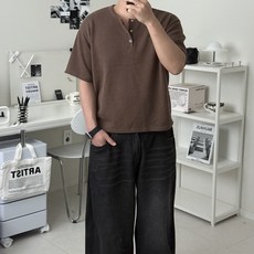 르위 남성 헨리넥 니트 반팔 티셔츠 라운드 세미크롭 여름용