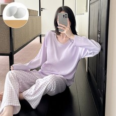 여성 겨울잠옷 세트 여자 긴팔 긴바지 세트 겨울 심플 홈웨어, 자주색, M