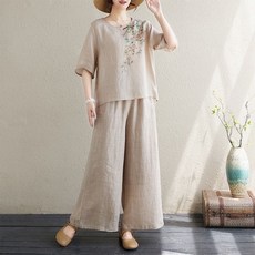 여성 개량한복 세트 여름 라운드 반팔 블라우스 와이드 팬츠 투피스