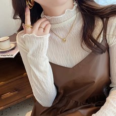 팡쿠 아우얼스룸 레이스 목폴라 반목 아이보리 긴팔 여성 S 티셔츠 망사 시스루