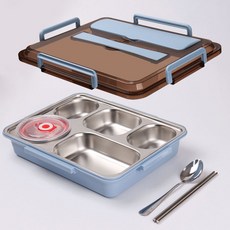 [SUS-304 스텐 식판 도시락통 세트] 밀폐 도시락 런치박스 스테인레스 5칸 다이어트 아이 소풍 용기, 1세트, 5칸도시락+국그릇+수저세트, 코튼 블루