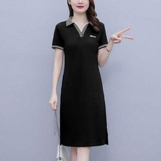 투니스 여성 카라넥 루즈핏 브이넥 폴로 반소매 미디 원피스