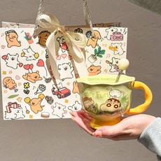 귀여운 크레용 신짱 도자기 머그컵 사무실 커피 우유컵 생일 선물, 1개, 선물 가방 1컵 1스푼 서머그린