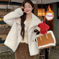달콤하고 따뜻한 인조 모피 코트 여성 빈티지 스탠드 칼라 겨울 두꺼운 재킷 여성용 긴 소매 더블 브레스티드 한국 우아한 탑, M, White