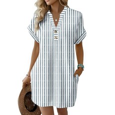 Kipfall 여성용 여름 드레스 2026 버튼 브이넥 스트라이프 티셔츠 트렌디한 기본 의상 카키 M 178714