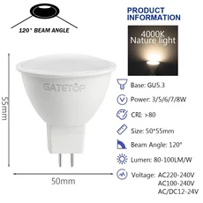 10PCS Foco MR16 GU5.3 기본 LED 전구 전체 전압 스포트라이트 AC DC12V 110V 220V 깜박임 없음 백색광 가, 02 120 degrees 4000K, 05 3w, 02 AC DC 12-24V