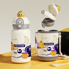 兒童保溫杯寶寶嬰幼兒學飲直飲吸管水杯幼兒園奶瓶便攜水壺嬰童, 1個, 1L, 雙飲水果公仔-萬聖節狂歡(500ml)送揹帶:1個
