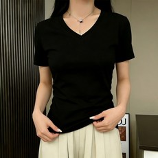 데일리룩 필수템 슬림핏 블랙 V넥 반팔 티셔츠 여성 캐주얼 아이템
