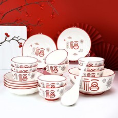 陶瓷餐具 福氣多多 釉下彩 喬遷禮盒, 1個, 福氣多多禮盒裝：10碗6盤1湯碗1湯勺