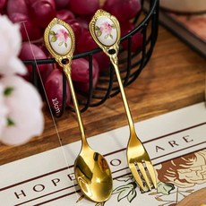 咖啡不鏽鋼攪拌勺，金色創意家用調羹，復古歐式甜品勺, 1個, 春花宮廷勺+叉, 金色