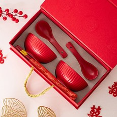 啞光紅色豎紋陶瓷餐具禮盒 喜慶結婚送禮套裝 家用喬遷陪嫁, 1個, 啞光豎紋吾家有喜2碗筷勺禮盒裝