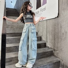 키즈목마 2025 봄 여아 데님 팬츠 주니어 힙합 청바지 밴딩 일자 카고 통바지 댄스바지 587