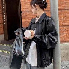 오버핏 여성 라이더 레더 가죽 재킷 블루종 점퍼 자켓