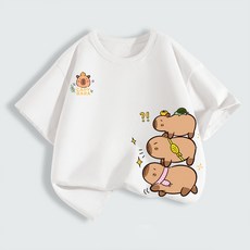 FONOW 순면 100% 키즈 티셔츠 귀여운 카피발라 패턴 아동복 편안하고 통기성 좋은 여름 캐주얼 라운드 반팔 티셔츠 아보카도 3마리 놀이 프린트 디자인