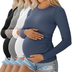 Ficerd 4팩 여성용 임산부 셔츠 면 긴소매 골지 크루넥 상의 사이드 주름 장식 캐주얼 엄마 의류 블랙 라이트 헤더 그레이 화이트 헤이즈 블루 XXL 106314