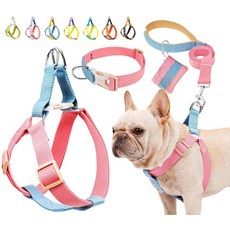 당김 없는 강아지 하네스 및 목줄 세트 배변 봉투 홀더가 있는 스텝 인 강아지 홀터 하네스 조절 가능한 경량 면 스트랩 소형 중형 대형견 야외 산책 러닝 하이킹에, XS, 핑크-블루 세트