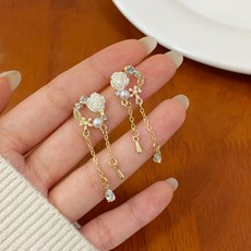 氣質白玫瑰花朵珍珠閃鑽流蘇垂墜耳環 925銀針耳環