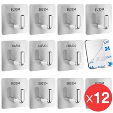 초강력 3M 접착식 스텐 무타공 고리형 매직후크, 12개, 실버