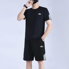 커플 운동 반팔 세트 런닝 헬스 아이스 빠른건조 넉넉핏 투피스, 1개, 블랙 남성용