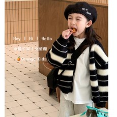 童裝女童針織外套 台灣出貨 中大童毛衣開衫 女童韓版V領條紋針織外套2024秋季新款女孩上衣