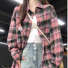 투니스 여성 빈티지 체크 루즈핏 자수 긴소매 셔츠