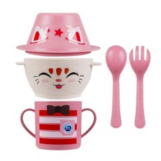 家廚好物 小學生兒童餐碗叉勺水杯套裝帶把手分裝輔食碗耐燙防摔帶蓋稭稈碗, 1個, 粉色五件套(含叉勺）1套裝