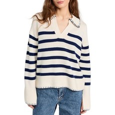Kedera 여성용 캐주얼 스트라이프 풀오버 스웨터 긴소매 폴로 브이넥 경량 루즈핏 니트 점퍼 탑 다크 네이비 스트라이프