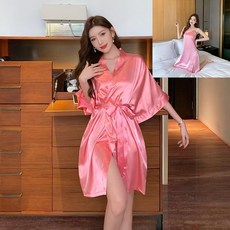 목욕 잠옷 여름 숏 로브가운 가운 실크 랩가운 여성 나이트 가운, 유스풀 핑크 2피스 세트 캐미솔 포함