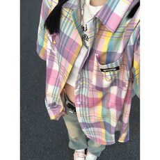 여름 빈티지 체크 남녀공용 반팔 오버핏 셔츠 커플룩