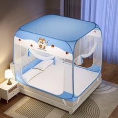 A類母嬰級加密帳紗家用臥室兒童防摔防蚊免安裝三開門蒙古包蚊帳, 松果藍--三開門全底【防塵頂+配風扇杆】