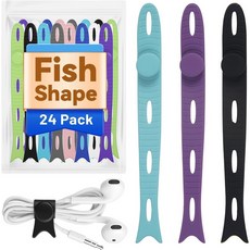 솔리디에이터 24팩 재사용 가능한 물고기 모양 실리콘 케이블 타이 u2013 8가지 색상 4.7u201D 조절 코드 정리함 충전 케이블용 랩 가정 및 사무실용 관리, 24개 재사용 가능한 물고기 모양 실리콘 케이블 타이, 물고기 – (비자석)