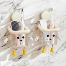 귀여운 로봇 캐릭터 욕실 칫솔 거치대 벽걸이형 무타공 흡착식 정리함, 1개, 크림 화이트 로봇모양