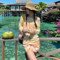 DIU 泳衣女款分體四件套長袖防曬條紋純欲風比基尼甜美少女泡溫泉泳衣, M【建議85-95斤】