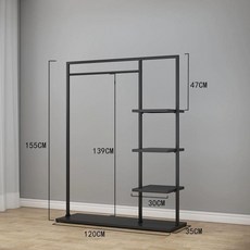 행거 철제 다용도수납 인테리어 옷걸이 드레스룸 코트랙 옷가게 스탠딩 매장, 3단 120x155 없음 블랙