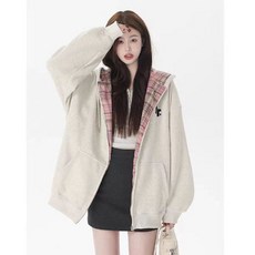 은창 러블리 이너 체크 패턴 후드 점퍼 가을 집업 외투 루즈핏 여성 아우터 잠바 간절기