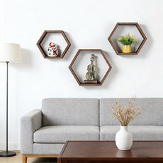 [FONDERA] 육각형 벽선반 수납선반세트 벽걸이 송나무 통원목, 3단, 호두색