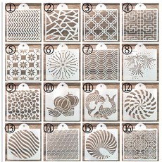 SAKIRABITO 스텐실 플레이트 그리기 템플릿 일본식 무늬 색칠공부 16종류 16매 세트 PET 제도 템플릿