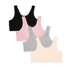 Fruit of the Loom 여아용 4팩 면 빌트업 스트레치 스포츠 브라 렌즈콩/망고/핑크/화이트 32, 블러싱/그레이 헤더/블랙/누드