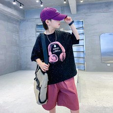 兔巴叮童裝 男童夏裝星空潑墨塗鴉短袖套裝2025新款中大兒童運動寬鬆痞帥衣服學生洋裝兩件套兒童套裝男童套裝休閒舒適