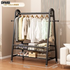 DFMEI 牀邊簡易掛衣架落地臥室內家用衣帽架可移動客廳陽臺曬晾衣服架子, 曜石黑-長100*高150丨升級雙層置物網籃【加粗22管】