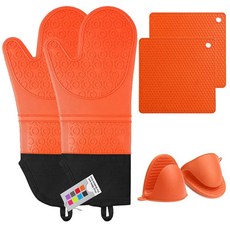 MTZRFLL 실리콘 오븐 장갑 및 냄비 홀더 세트 엑스트라 롱 내열성 오븐 장갑 핫 패드 및 미니 오븐 장갑 세트 주방 요리 베이킹용 부드러운 퀼트 안감 6개 팩 그